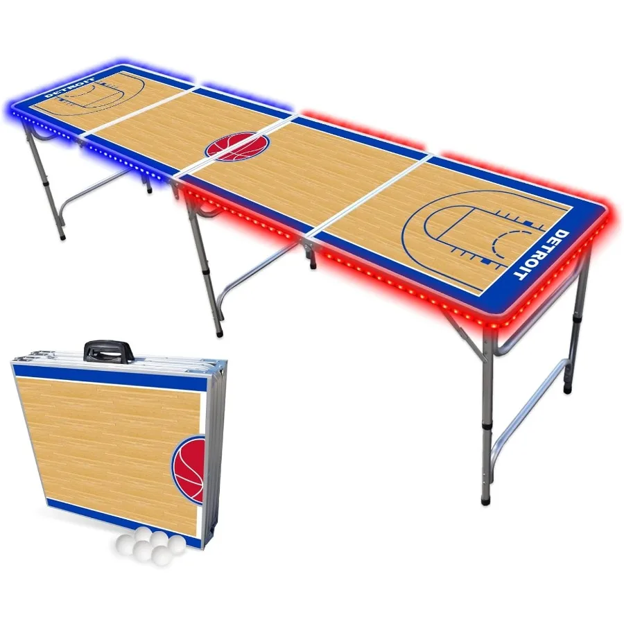 

8Foot Folding Portable Pong Table with Optional Cup Holes and LED Lights for Indoor Outdoor Recreation Ideal for Home Game Room