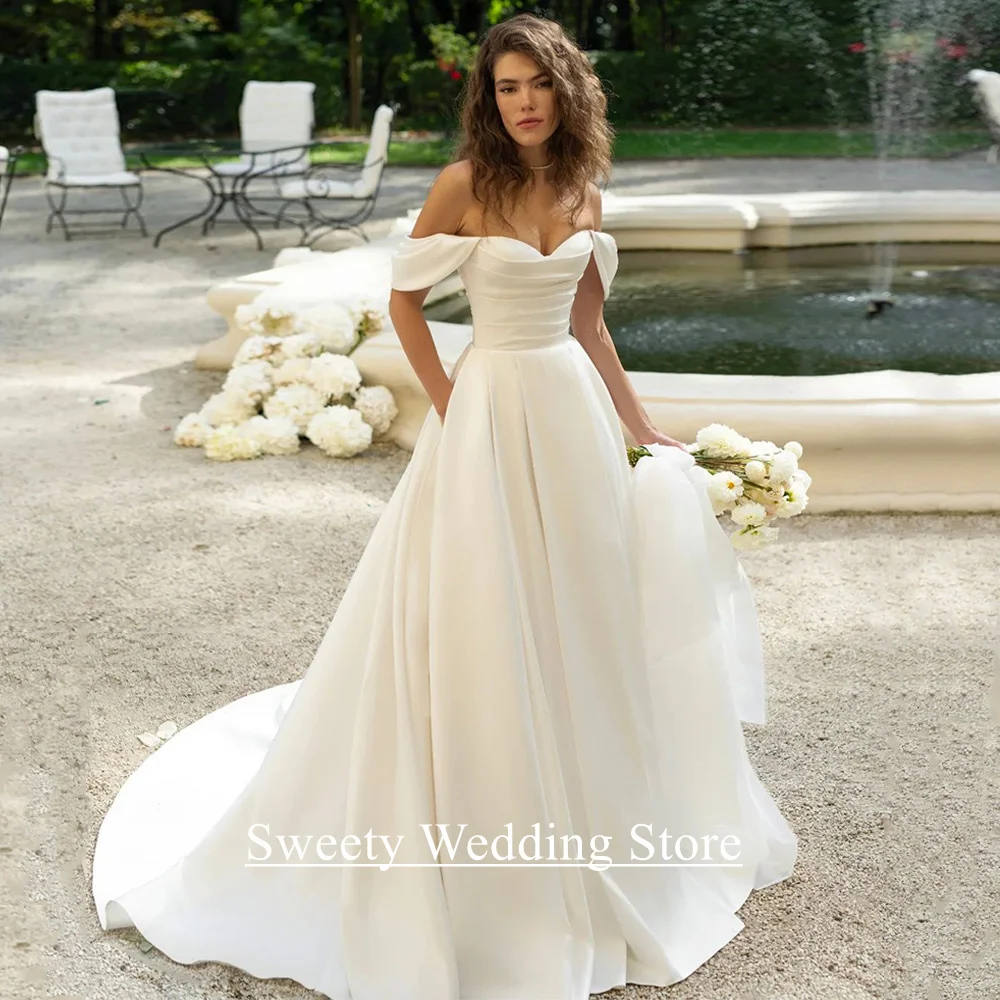 Romantic Wedding Dress Customized Off The Shoulder Pleat Body Sweep Train A Line Satin Bridal Gown Vestidos De Novia Lace i up