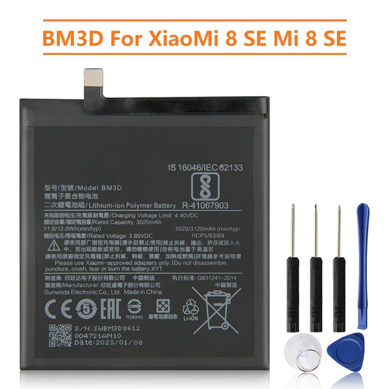 

Replacement Battery BM3D For Xiaomi 8 SE MI8 SE M8 SE Rechargeable Phone Battery 3120mAh