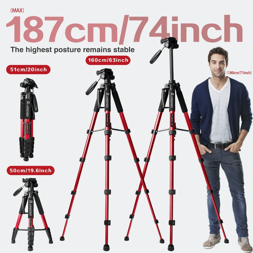 UEGOGO Q188 188cm Professional photography accessories video camera DSLR zomei tripod for phone with phone holder