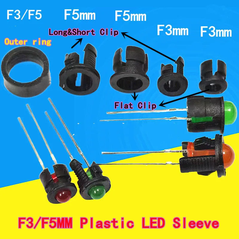 100pcs F3mm/F5mm LED Holder, Black Plastic LED Sleeve, Flat Clip, Long & Short Clip, Snap-on LED Clip