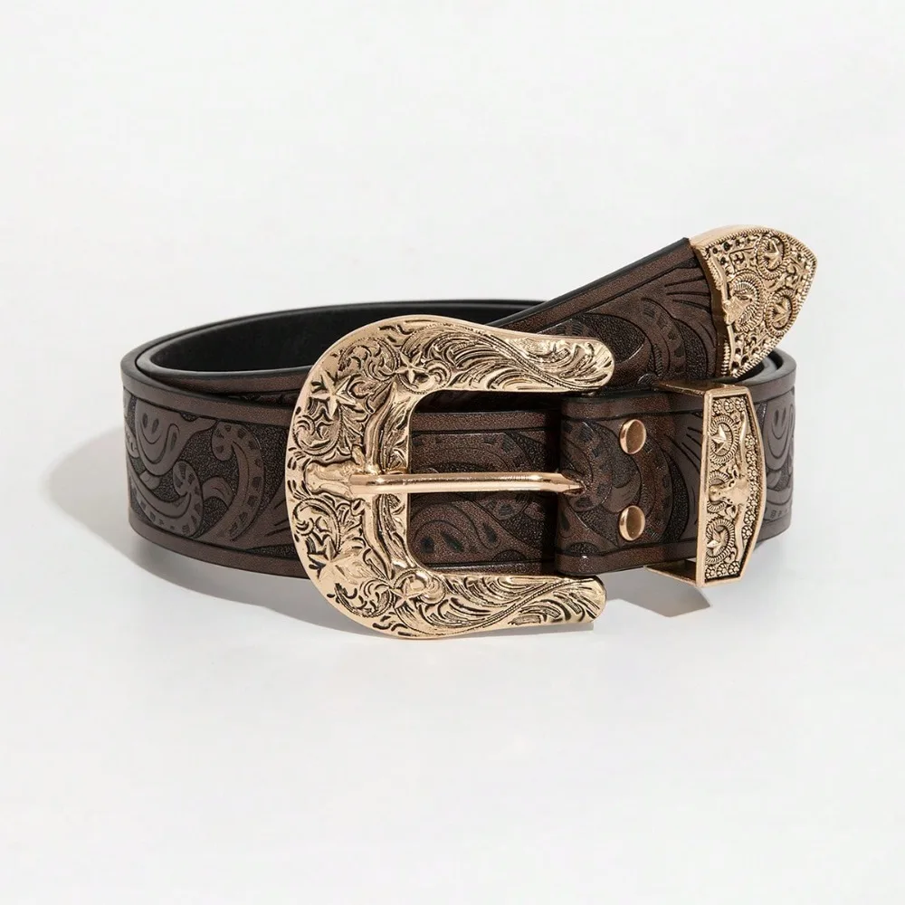1Pcs Retro Western-style Metal Bull Head Buckle Dragon Pattern Embossed PU Leather Belt Suitable for Daily Outings