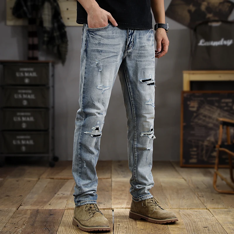 

Summer Fashion Brand Washed Wear-White Ripped Jeans Men's Trendy Korean High-End Slim Straight Retro Distressed Tappered Pants