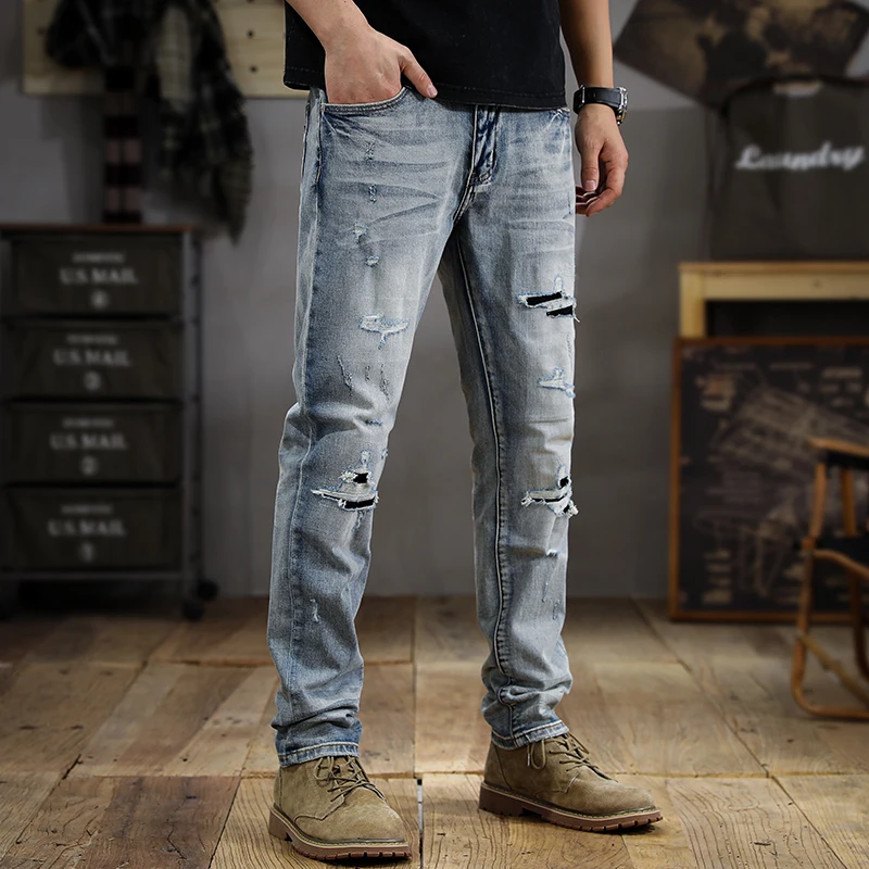 Jeans rasgado lavado masculino, marca de moda verão, coreano, high-end, fino, reto, retrô, angustiado, apertado, branco