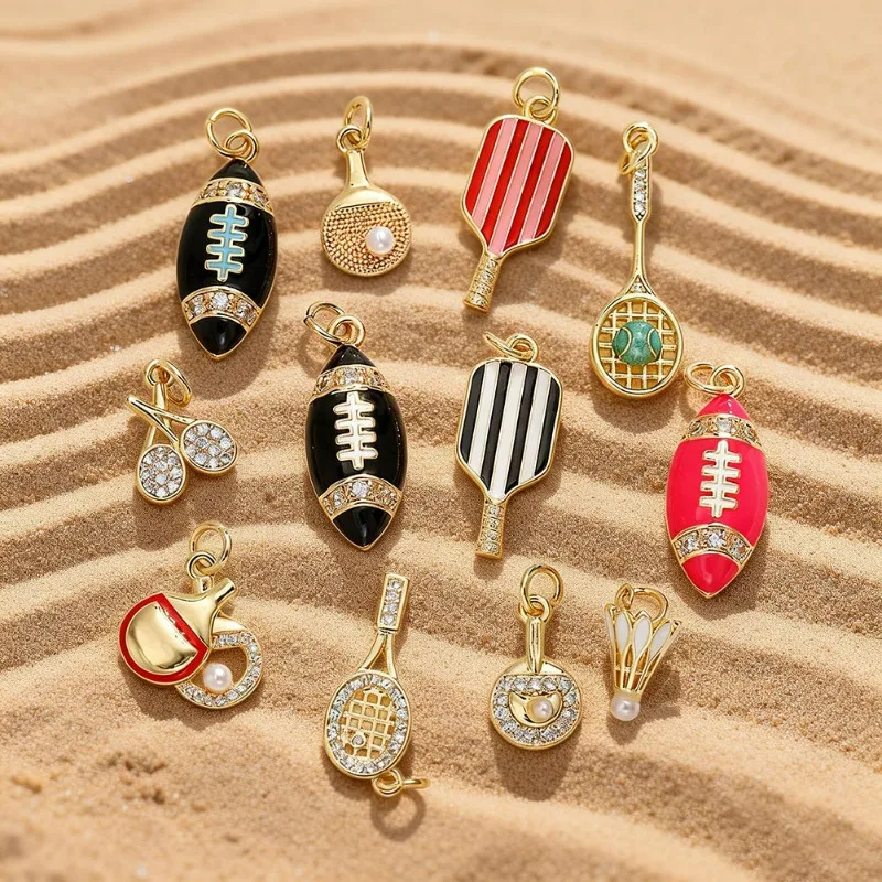 Copper-plated 18K Gold Sports Series Enamel Pendants Rackets Rugby and Badminton DIY Jewelry Accessories Ball Games Charms