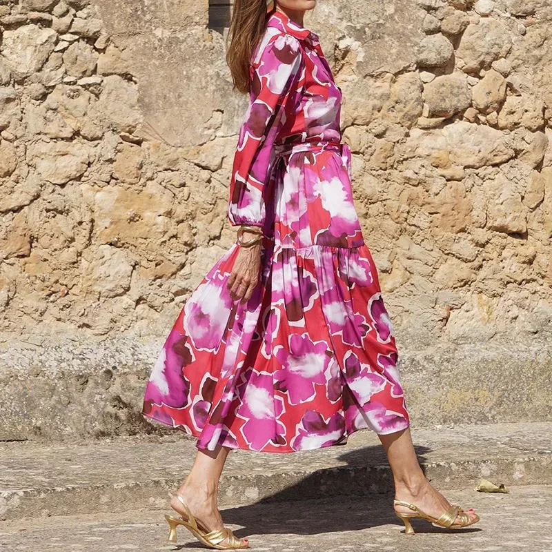 Vestido de longitud media con cordones para mujer, maxivestido informal de cintura alta, Bohe Y2K, manga larga con solapa y estampado Floral