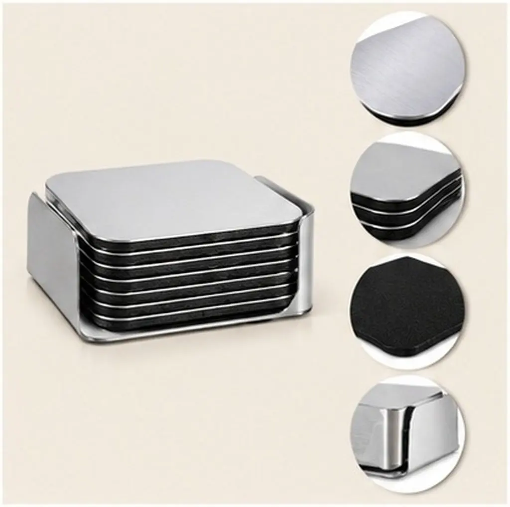 6Pcs Stainless Steel Coasters Set Square Table Placemats Heat Resistant Non Slip Cup Mats with Holder for Mugs Bowls Teapots