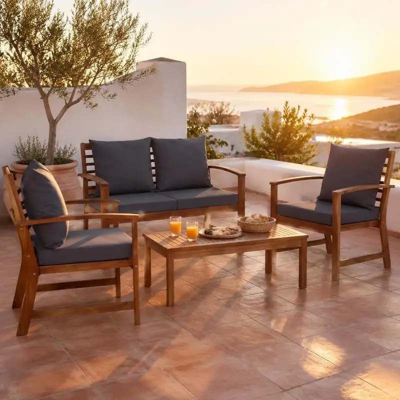 Ensemble de meubles de jardin en bois d'acacia massif, 4 pièces, résistant aux intempéries, combinaison de chaises longues pour patio extérieur, pour la terrasse, le balcon, les loisirs et le repos
