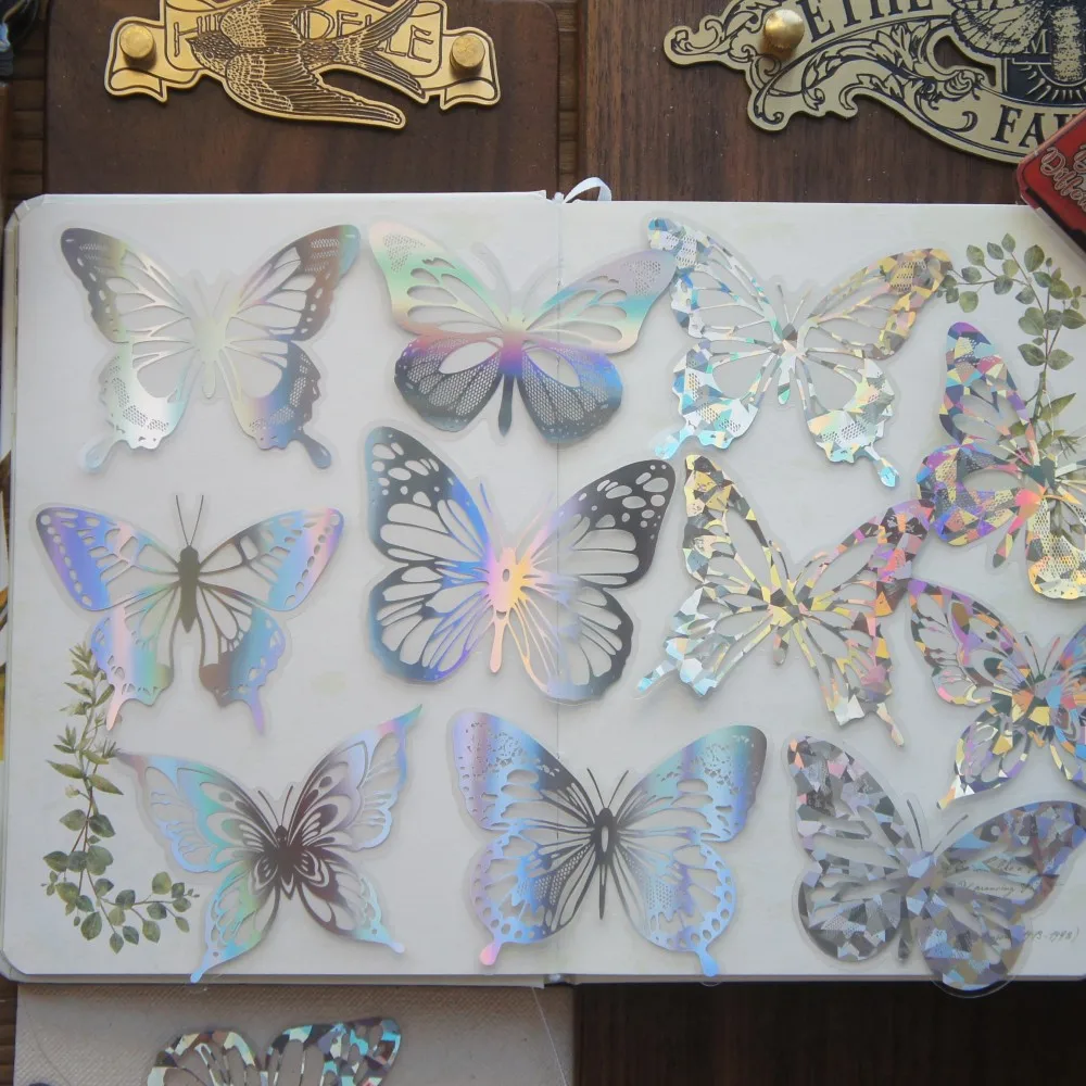 

18pcs Laser Diamond Pattern Pure Color Butterfly Vein Design PVC Sticker Scrapbooking DIY Gift Packing Decoration