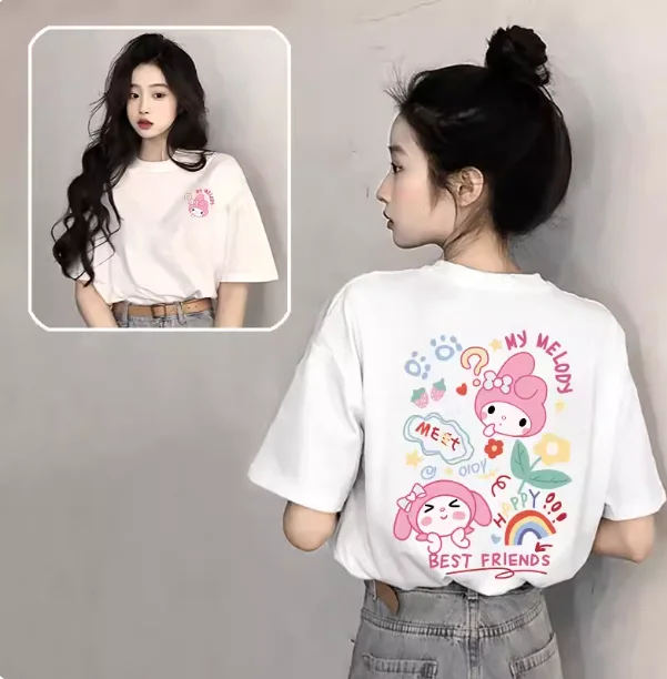 Miniso 2026 Sanrio Camiseta con estampado de dibujos animados, Camiseta de algodón de manga corta de verano para hombres y mujeres, camiseta holgada informal versátil, superventas