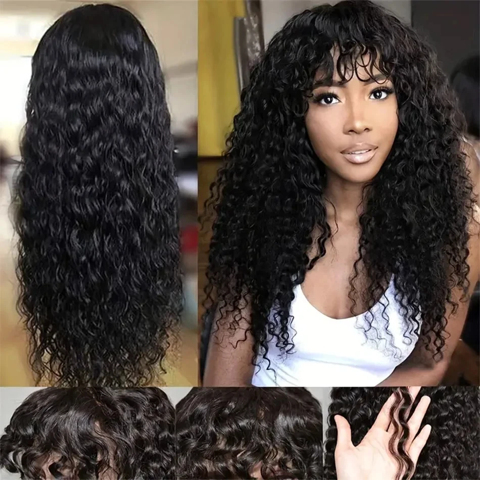 Water Curly Wig With Bangs Remy Brazilian Hair Full Machine Made Wigs Natural Color 16-24 Inch Curly Fringe Human Hair Wig