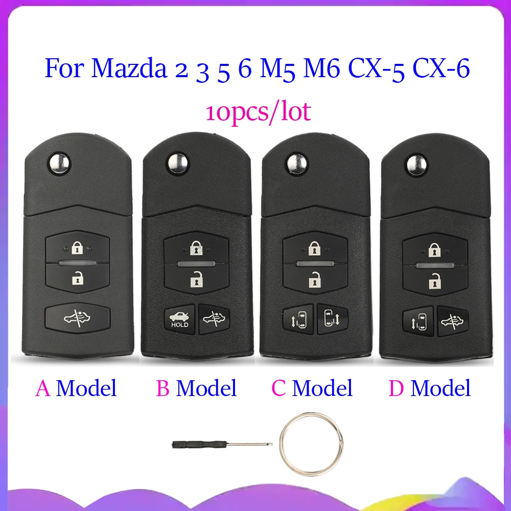 Jingyuqin New 10pcs 3/4 Buttons Flip Car Key Shell For Mazda 2 3 5 6 M5 M6 CX-5 CX-6 2004+ Folding Auto Case Housing MAZ24