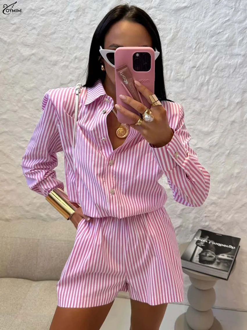 Oymimi Fashion Pink Print Sets Woman 2 Piece Elegant Long Sleeve Single Breasted Shirts And High Waisted Pockets Shorts Sets