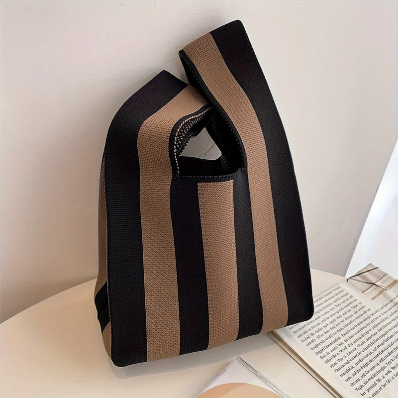 Tas Tangan Rajut Bergaris-Tas Mini Lembut, Tas Santai Modis, Tas Tangan Wanita Kasual, Tas dengan Pegangan Atas Tetap, Cocok untuk