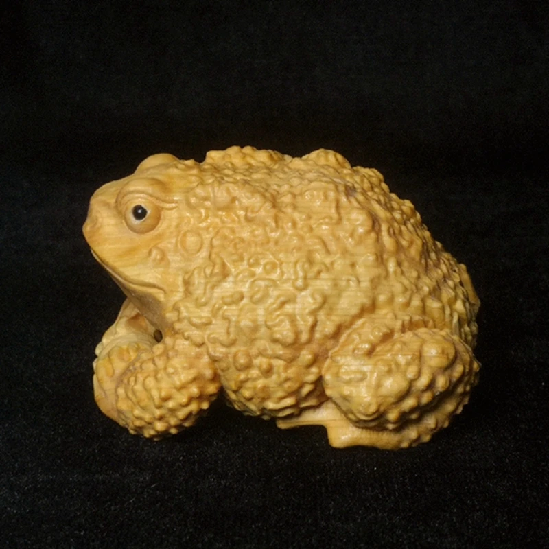 L 6.3 CM Chinese Boxwood Hand carved Jin Chan Frog Statue Netsuke Decoration