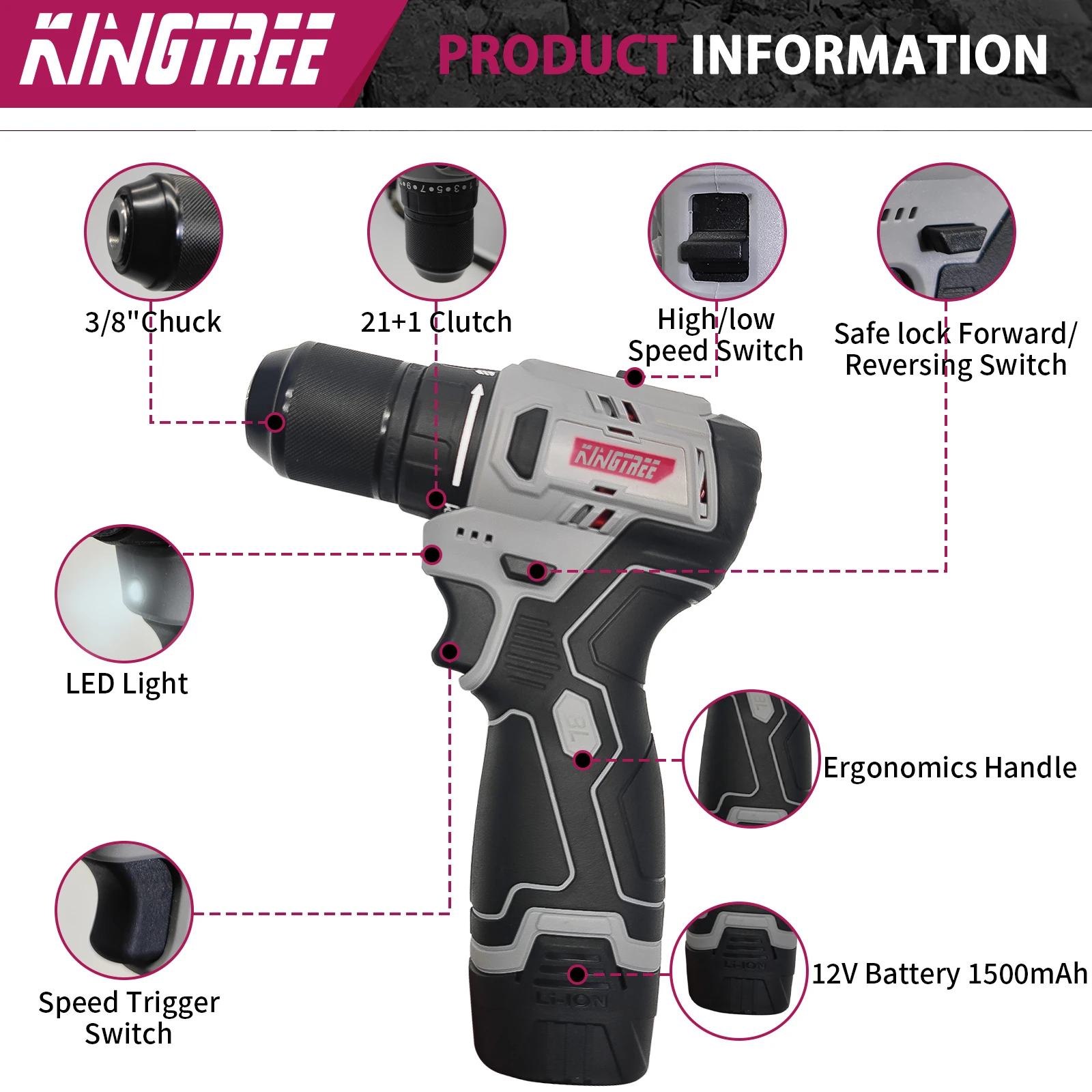 Kingtree 16V Cordless Drill 50N.m Electric Lithium-Ion Battery tool Home DIY brushless dual speed Power drill