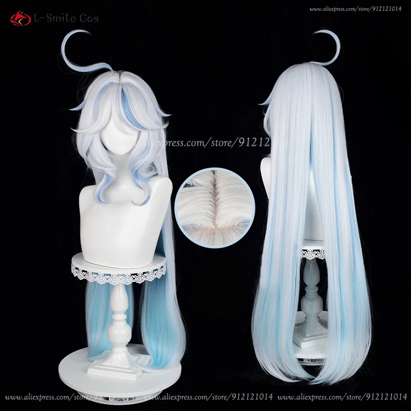 Sainte Focalors Cosplay Perucas Longas Encaracoladas para Mulheres, Peruca Furina, Cabelo Resistente ao Calor, Perucas Anime, Azul e Branco, Boné, 100cm