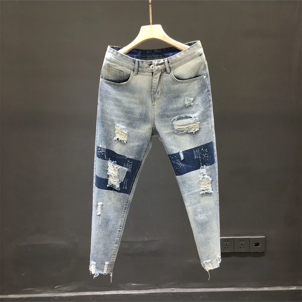 Jean Homme et Femme Taille Haute en Denim, Pantalon Sarouel Droit, Longueur Rinse, Été 2022