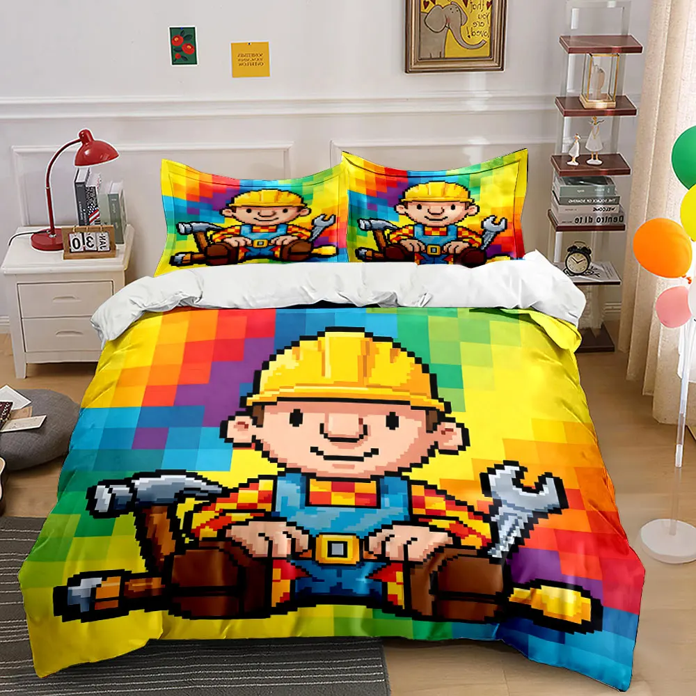 Pixel-styled cartoon repairman Pattern Duvet Cover Set Digital Print Colorful Polyester Bedding with Zipper Closur for kids gift