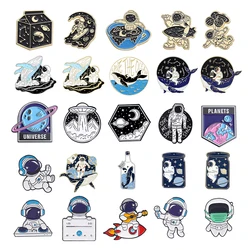 Cute Astronaut Enamel Pins Custom Space Whale Rocket Skateboard Night Moon Brooches Lapel Badges Punk Jewelry Gift for Friend