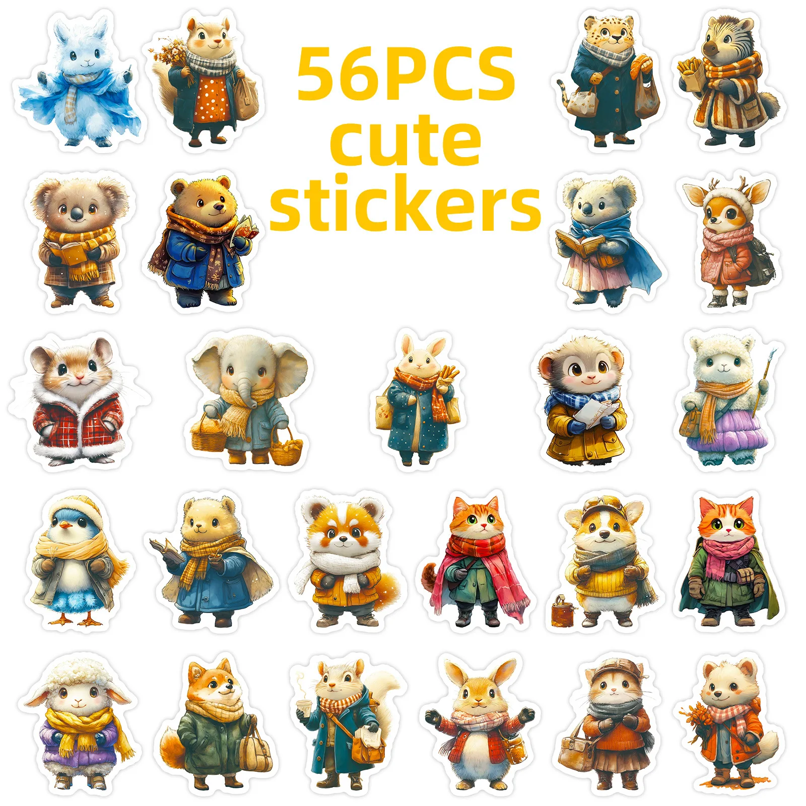 56 Pcs HD Vivid Vintage Winter Animal Doodle Stickers Creative for Phone Case Scrapbook Stationery Box Lunch Box Binder Decals