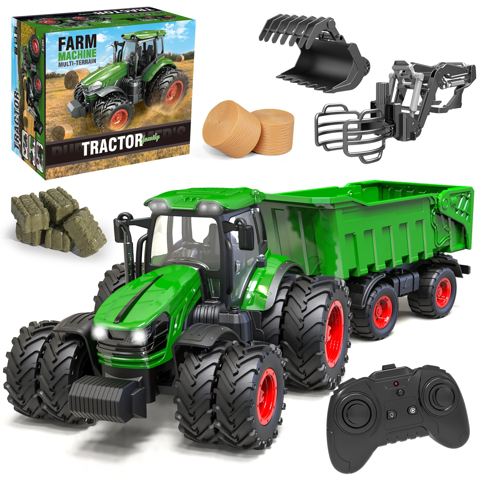 RC Farm Tractor Toy, Supports 2-in-1 8-to-4 Wheel Conversion and Detachable Tires, Tractor with Remote Control, Farm Game Set.