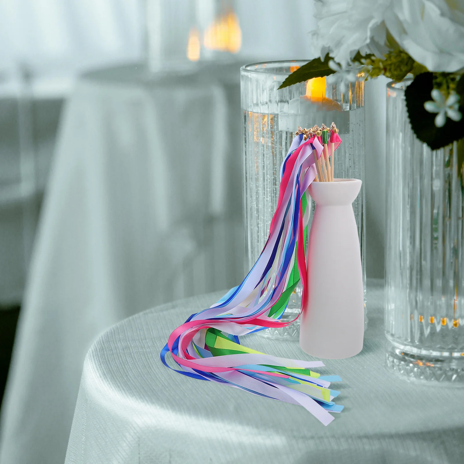 

20Pcs Wedding Ceremony Wands with Silk Ribbons Bells Romantic Party Streamers for Reception Dance Twirling Event Decor