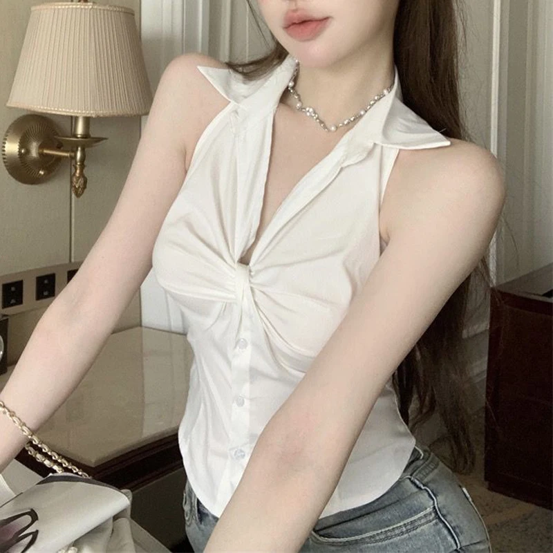 Women Clothing 2024 Summer Trendy Sexy V Neck Backless Knot Blouses White Black Sleeveless Slim Shirts Casual Chic Y2K Crop Tops