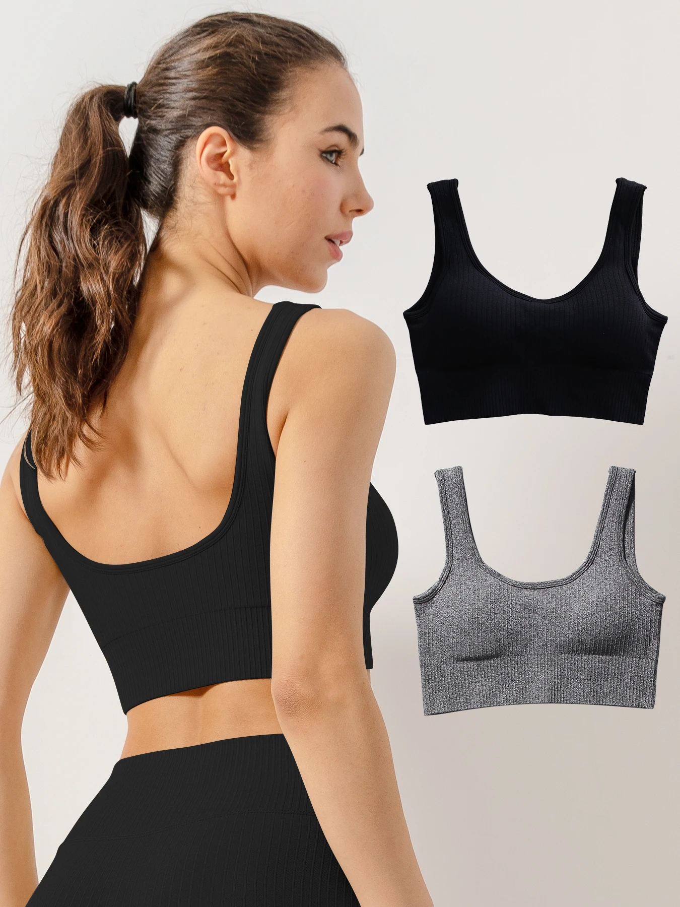 3 قطع من القمصان الرياضية المريحة بدون خياطة - حمالات صدر مضلعة مع وسادات قابلة للإزالة، وأشرطة واسعة، غير سلكية