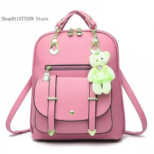 Backpack Student Casual Simple Korean Version Versatile Pu Leather College Style Hanging Teddy Bear Bag