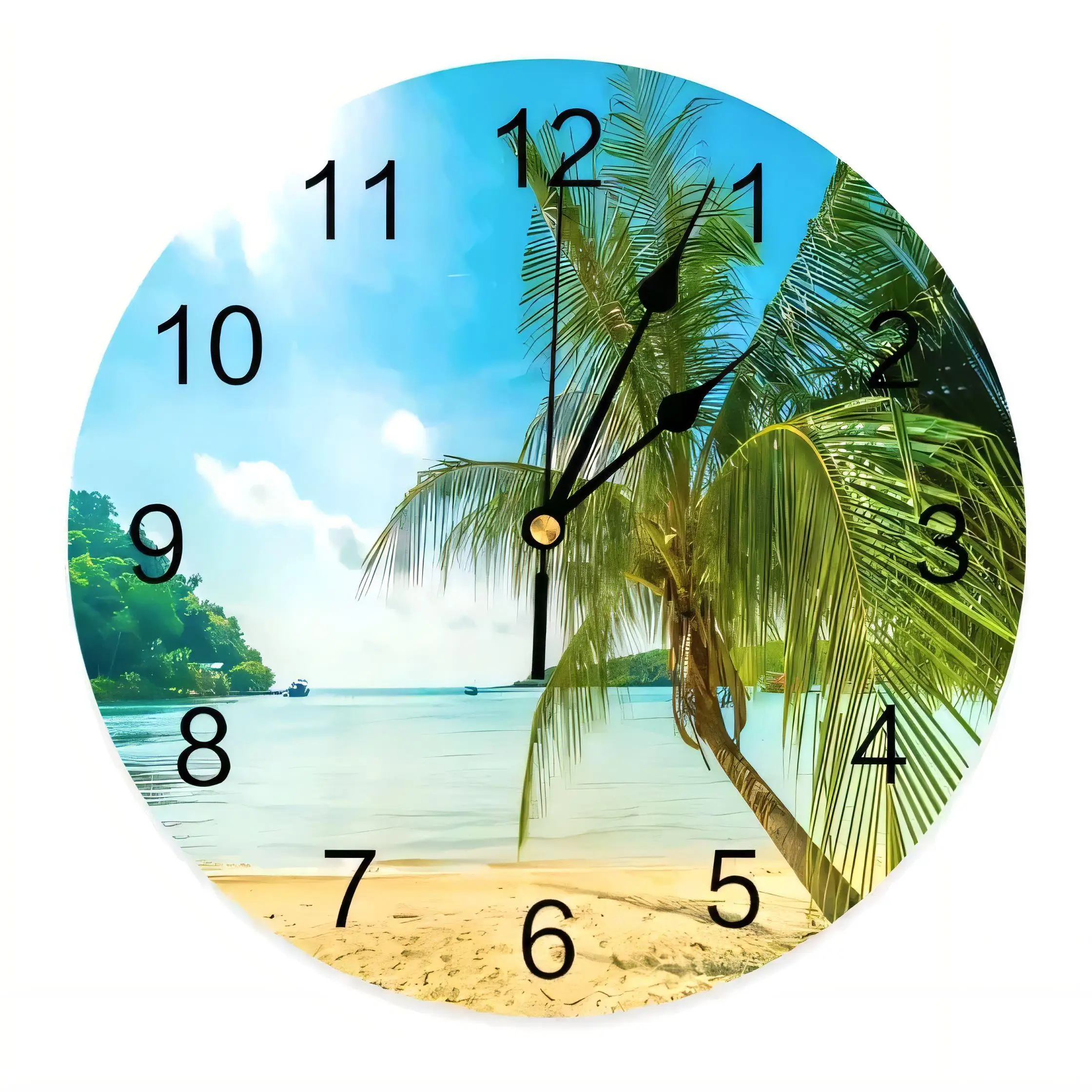 Vintage Tropical Beach Wall Clock  Round Silent Non Ticking Battery Operated Home Decor 12