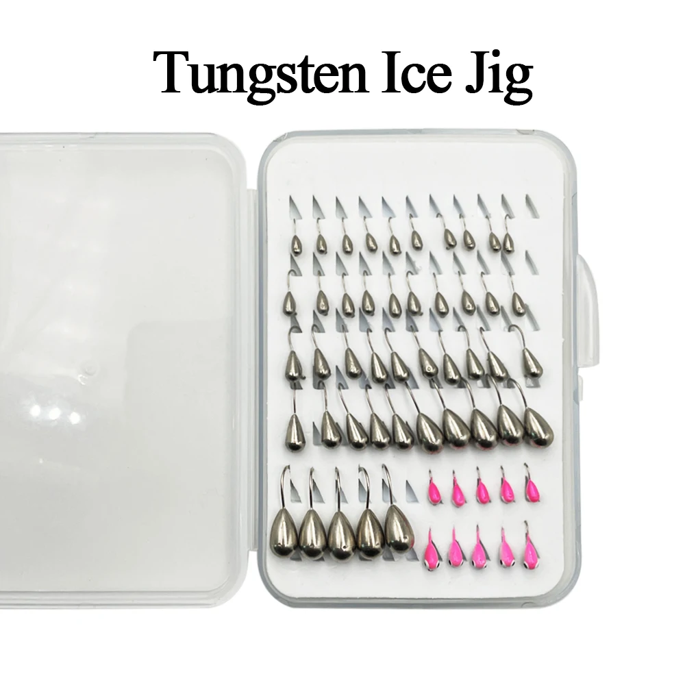 55PCS Tungsten Jig Winter Ice Fishing Lure Set2.7mm3.0mm Sink Jigging Fishing Bait for Winter Fishing with Portable Box Tackle