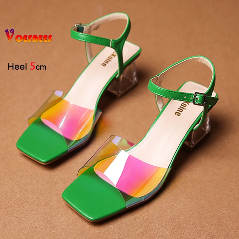 

Совершенно новые женские летние сандалии с квадратным носком на прозрачном каблуке 5 см и кристаллами, модные женские туфли на высоком каблуке из прозрачного ПВХ, повседневные сандалии