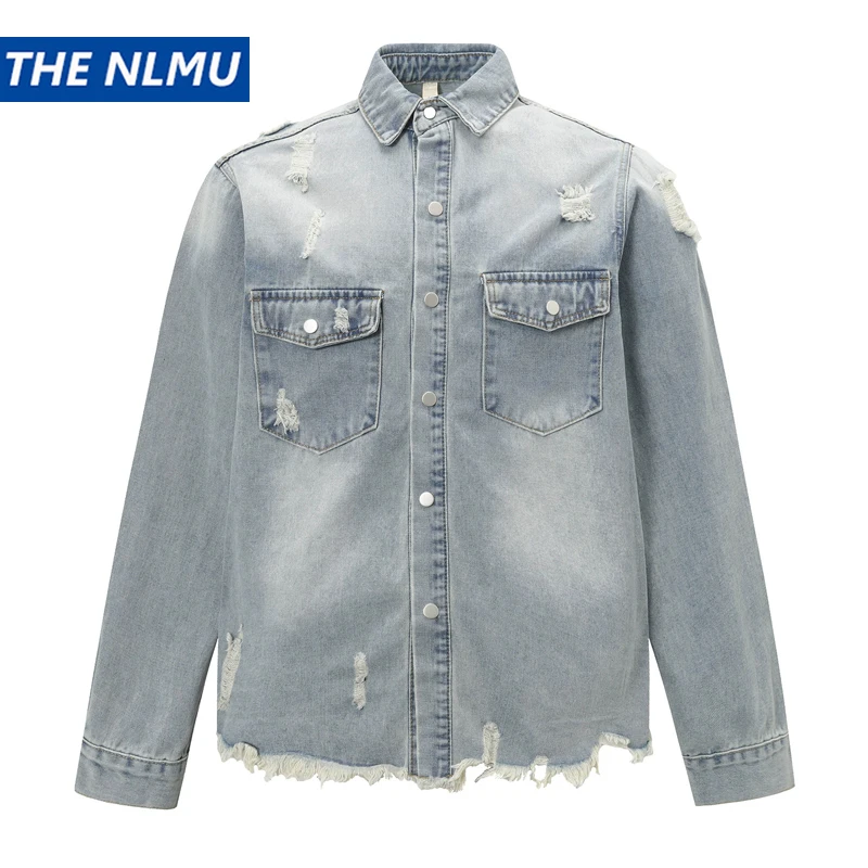 Vintage Washed Denim Shirt Distressed Ripped Long Sleeve Jean Shirt Coat Retro Destroyed Workwear Shirt Loose Tops
