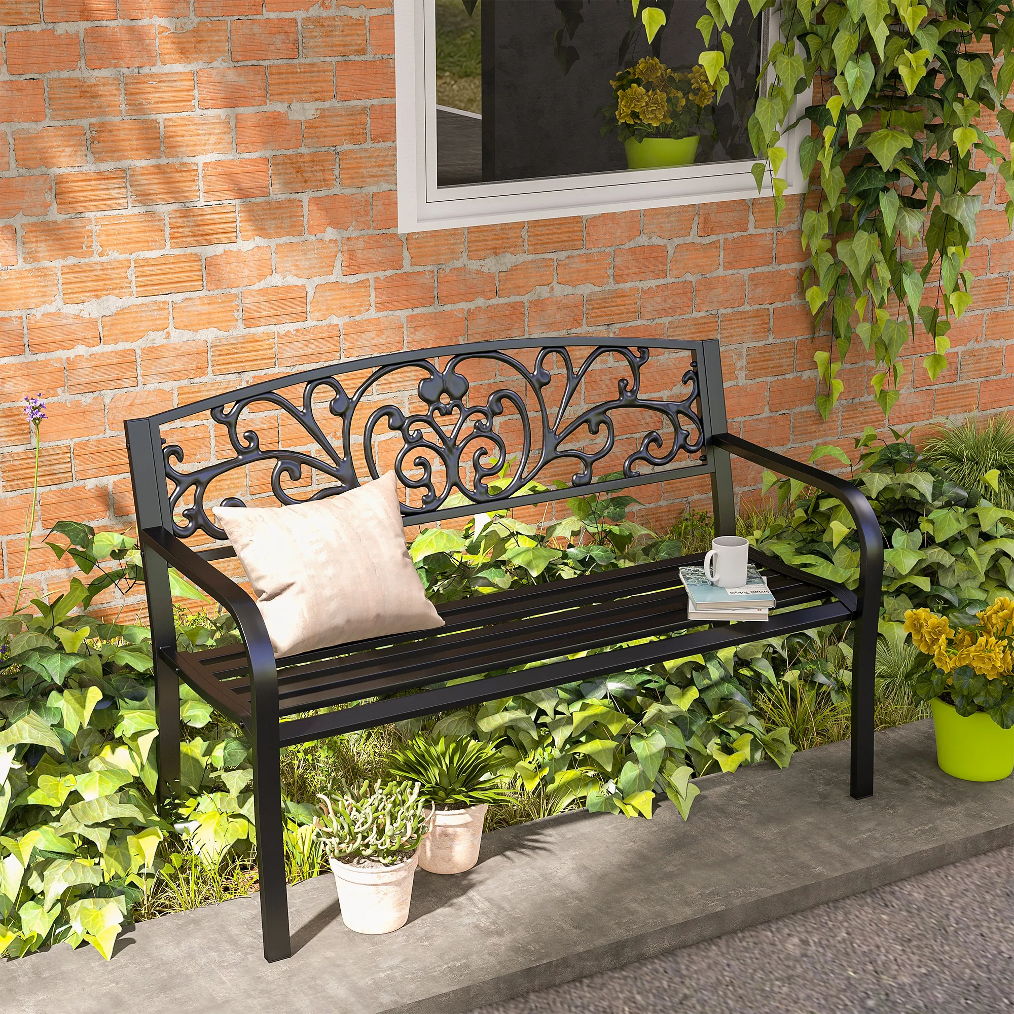 Patio Park Garden Bench Porch Path Chair Outdoor Lawn Garden Black 2 Seat
