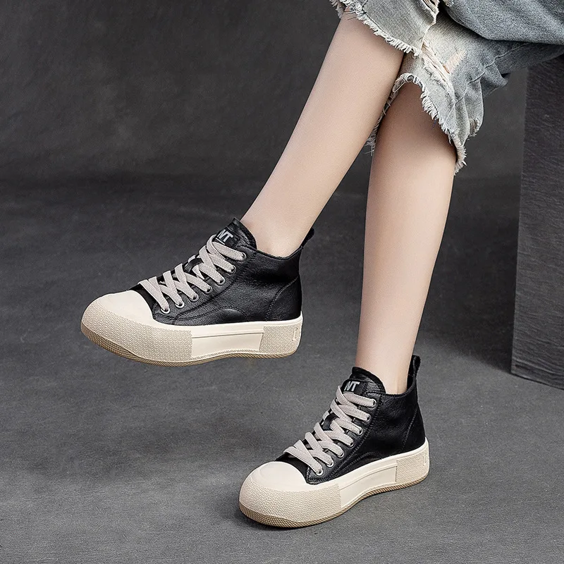 GKTINOO Spring Autum High Top Women Sneakers Genuine Leather Lace-Up Casual Shoes Handmade Concise Platform Sneakers