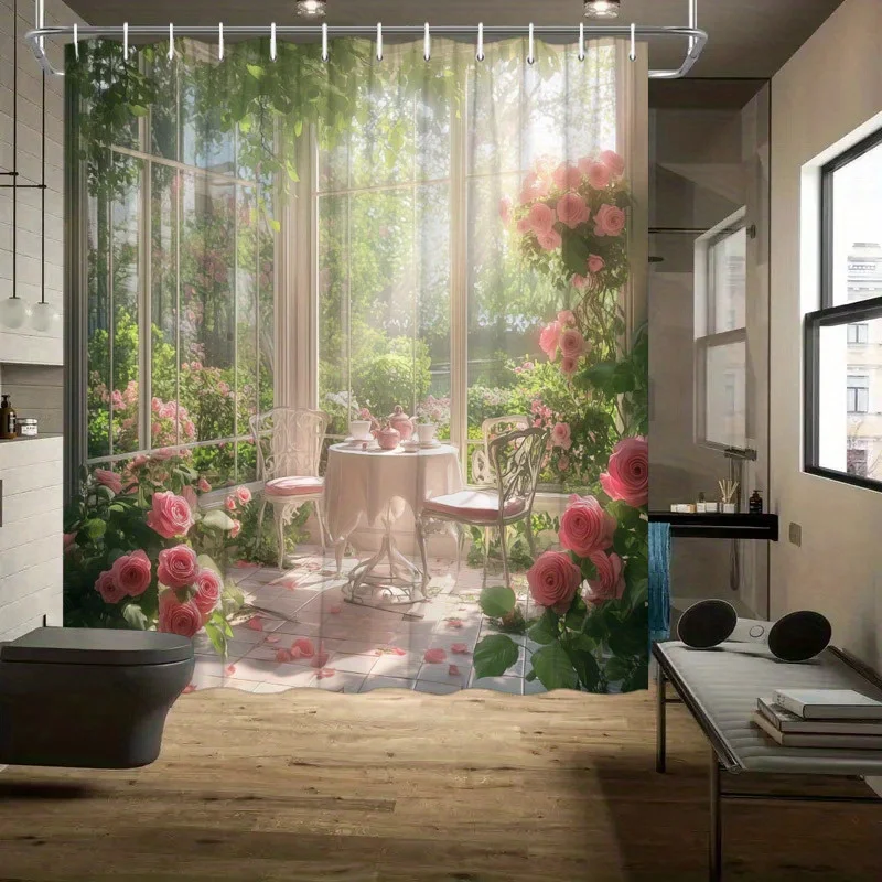 

Vintage Greenhouse Shower Curtain - Dreamy Elegant Design, Romantic Tea Set, Roses, Lush Garden,Machine Washable, Bath Decor