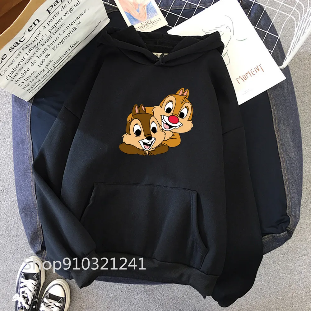 Sudadera con capucha de Chip y Dale para mujer, jersey con estampado de ardilla y dibujos animados, ropa Unisex, color negro