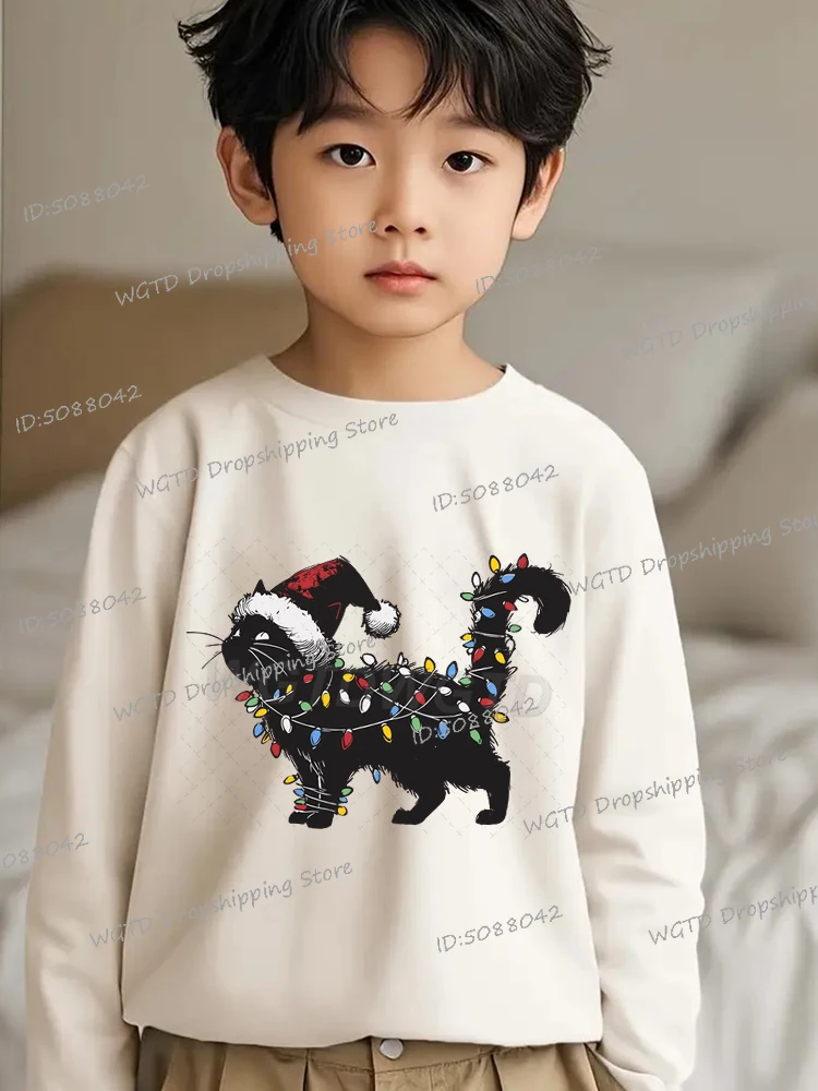 

Kids Christmas Cat with String Lights Print T-Shirt Harajuku Y2K Design Tees Girls Boys Vintage Merry Christmas Trendy T Shirts
