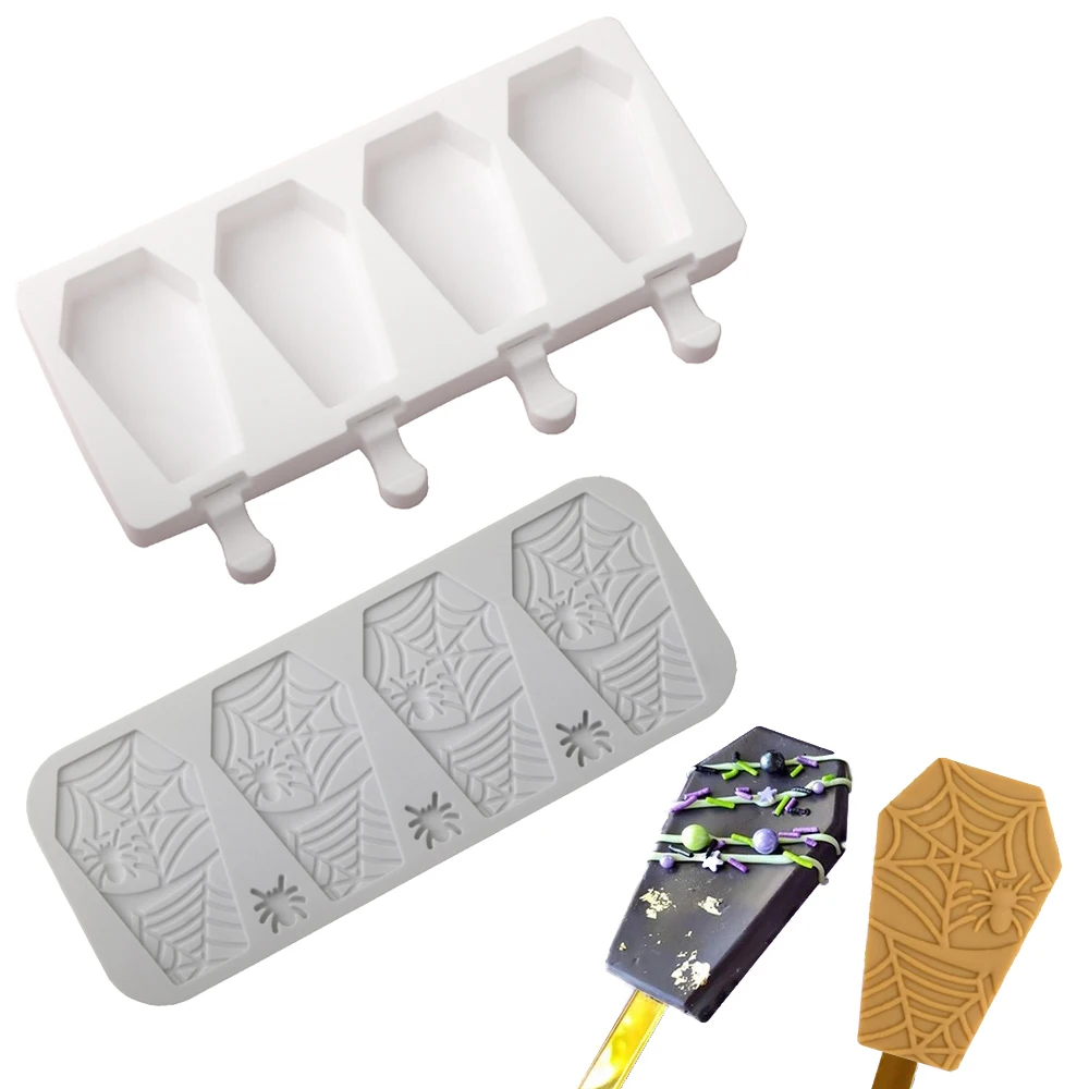

4 Cells Halloween Coffin Shaped Silicone Popsicle Mold Spider Web Texture Chocolate Chips Lace Mat Sugar Craft Silicone Mold