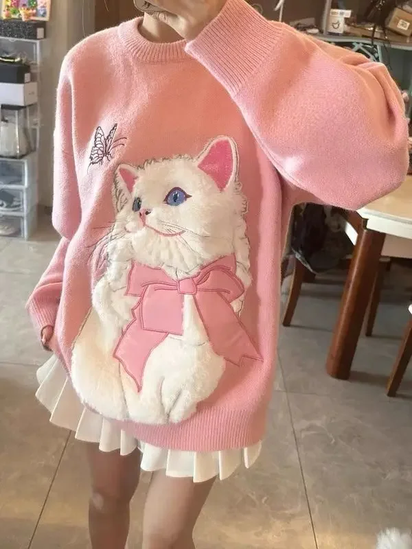 Pink simple round neck sweater women wear new dopamine in autumn and winter flocking cute cat design soft milk sweater top.