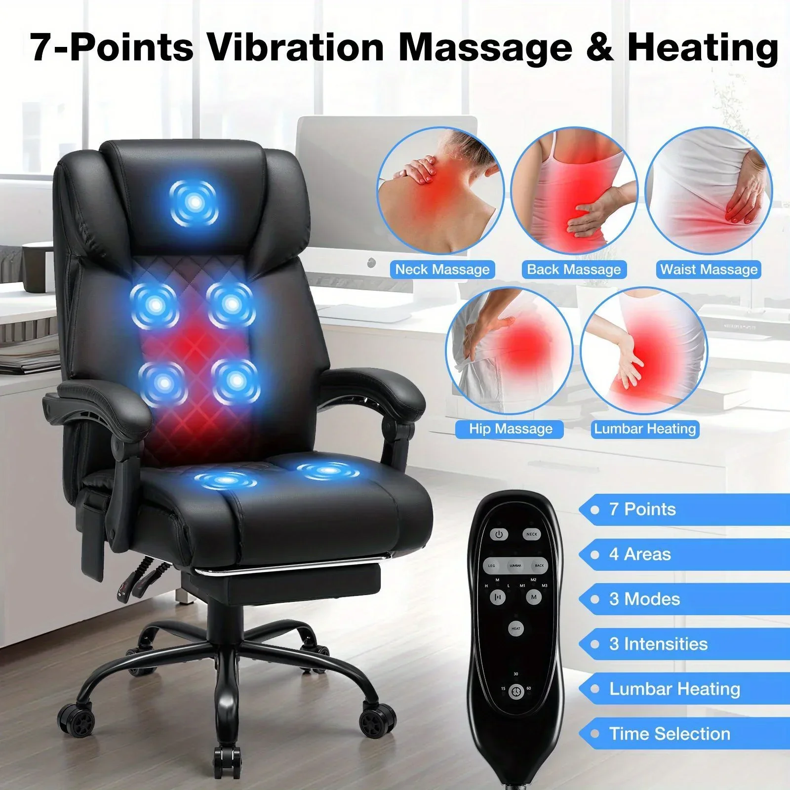 7-Point Vibrating Massage Office Chair with Heated, Ergonomic Desk Chairs with Footrest And 135 Degree Reclining High Back, Big And Tall Executive Office Chair 400LBS, Thick Cushion Gaming Chair for Home Office
