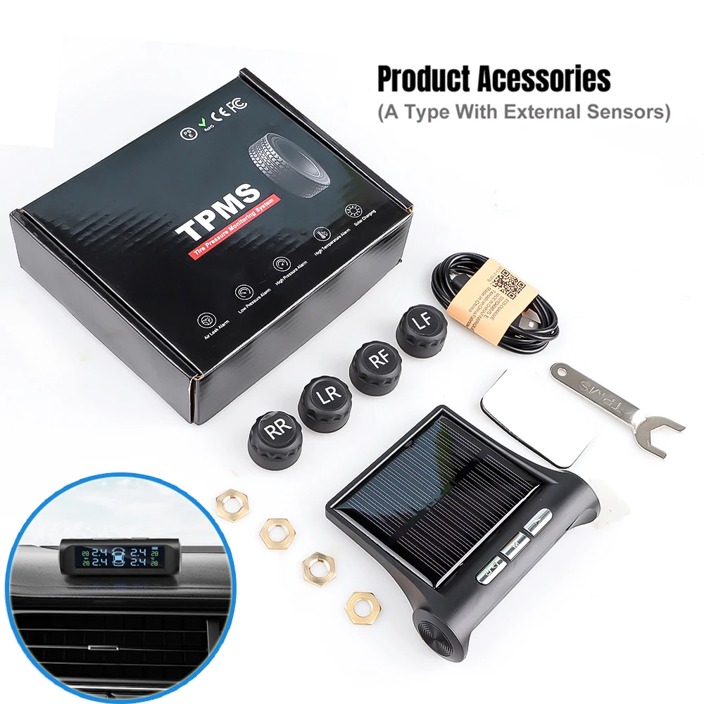 

Smart Solar Power TPMS Car Tire Pressure Alarm Monitor System Wireless Solar Power LCD Display 4 Sensors Decoration Accessories