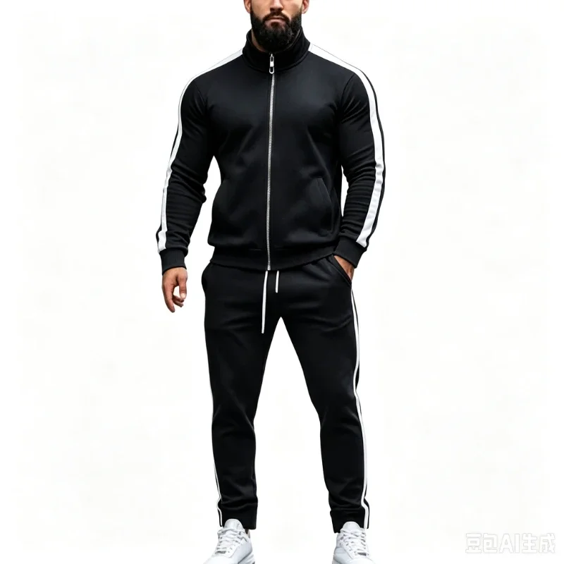 Ensembles de vêtements d'extérieur pour homme, cardigan zippé à col, survêtement patchwork, ensemble deux pièces pour homme, vêtements de sport à manches longues pour le printemps et l'automne.