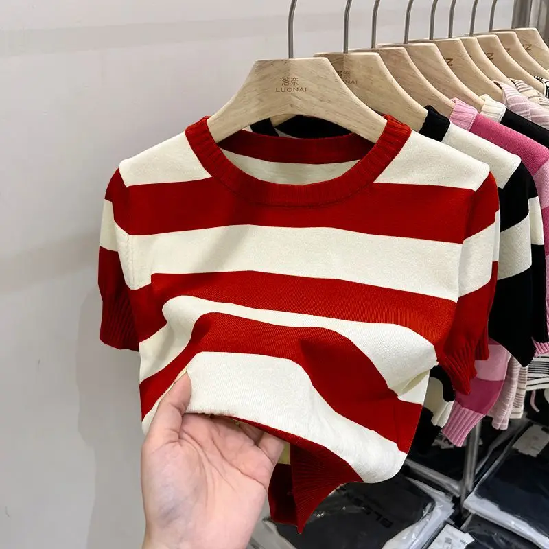 Summer New Fashion Simple Versatile Striped Short Sleeved T-shirt Women's Color Block Round Neck Patchwork French Loose Knit Top