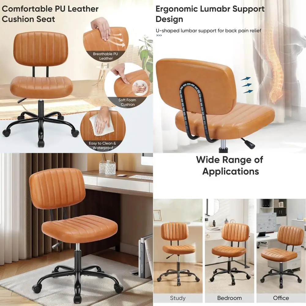 

Adjustable Height Swivel Office Chair with Low Back, PU Leather, 360° Wheels, Deep Brown