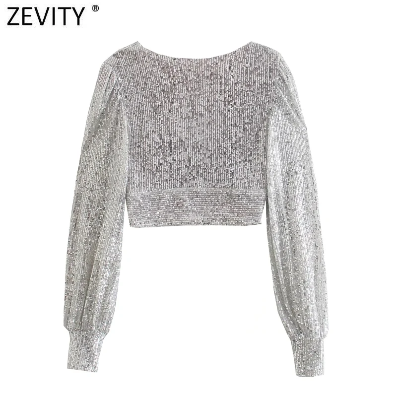 Zevity Women Sexy Deep V Neck Short Sequined Smock Blouse Lady Chic Pleats Puff Sleeve Party Wear Crop Shirts Blusas Tops LS9954