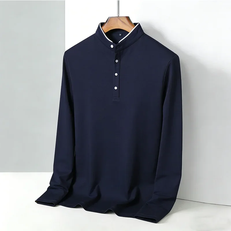 Herren Casual 2026 Stehkragen Langarm Poloshirt Slim Fit Weich Dehnbar Büro-Oberteil