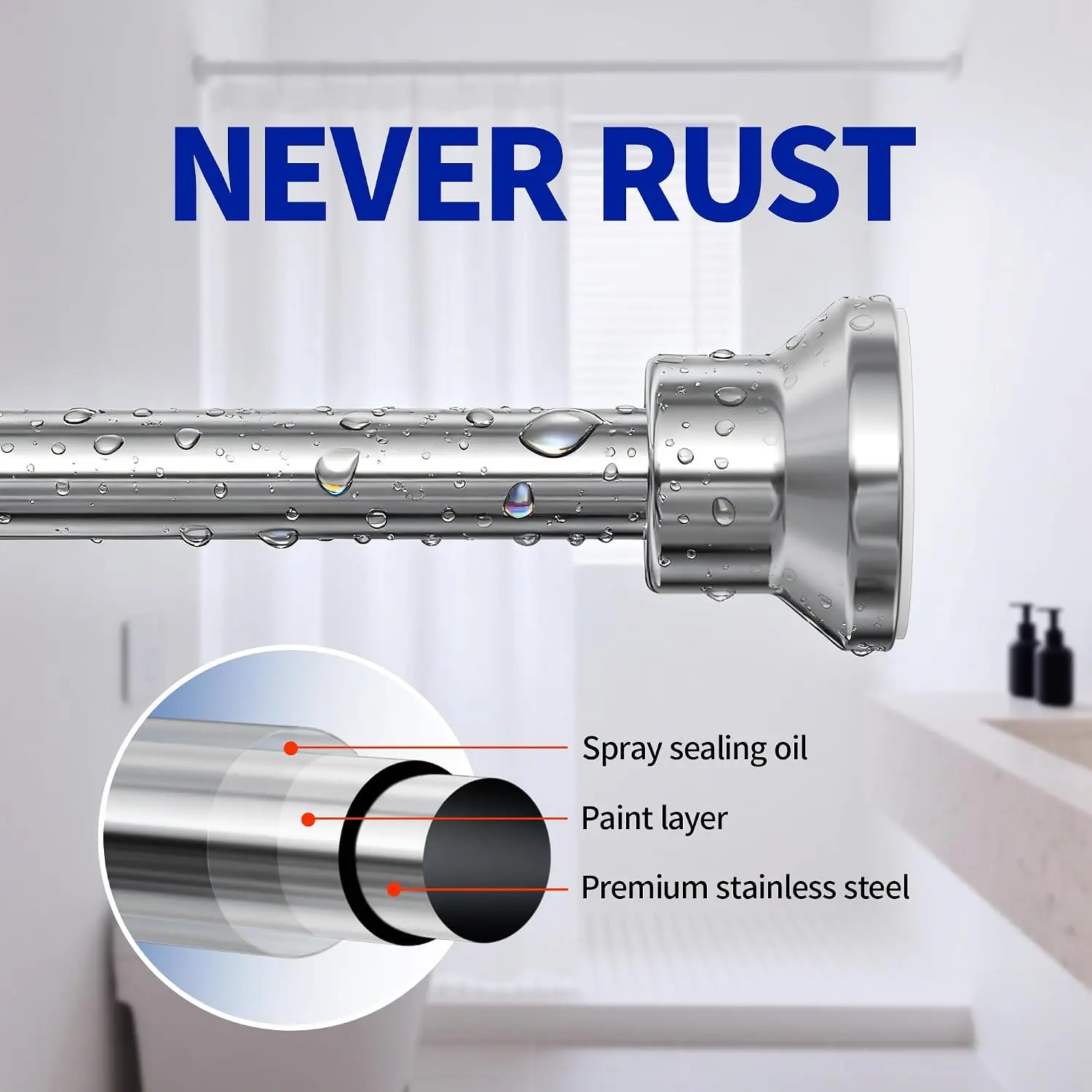 Adjustable Tension Shower Curtain Rod 31-76 Inch Heavy Duty Rust-proof No Drilling for Bathroom Silver view 2
