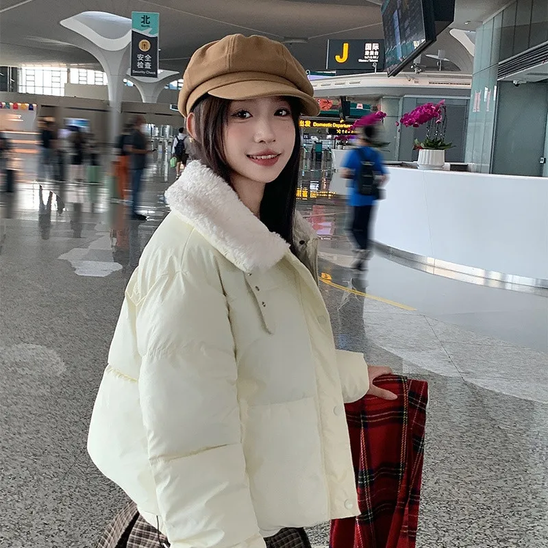 

Fashion Winter Jacket NEW 2025 Women's Cotton Coat Parka Stand Collar Lamb Wool Design PU Leather Short Down Cotton Jacket Warm
